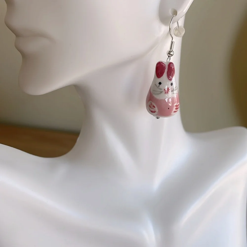 HAND CRAFTED EASTER BUNNY EARRINGS Ceramic Pink White Silver Gold Whimsical Fun